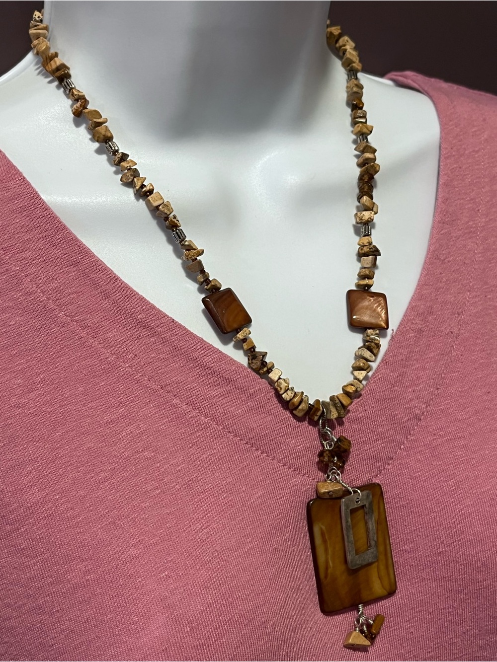 Brown Rectangular Stone Pendant Necklace - Brand Unknown